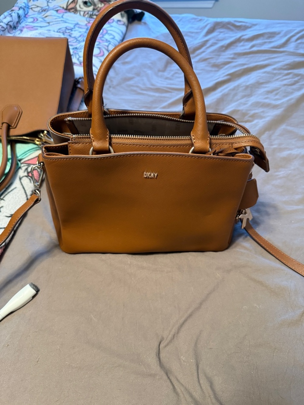 DKNY Cognac Tan Saffiano Leather Satchel with Detachable Strap